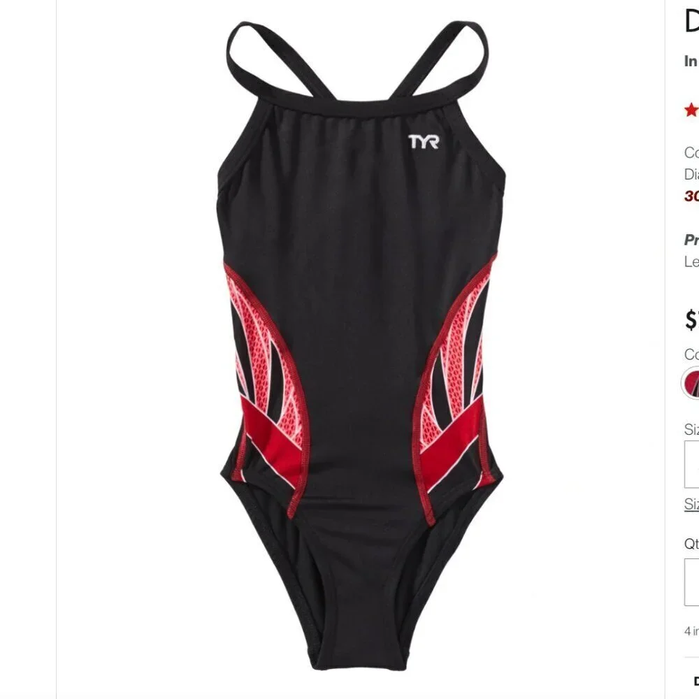 TYR Durafast Elite Red Swirl Black Diamondfit Swimsuit Phoenix Splice Size 28